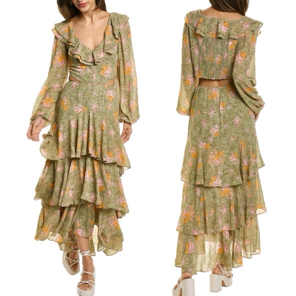 WAYF Floral Ruffle Tiered Cut Out Maxi Dress Green
